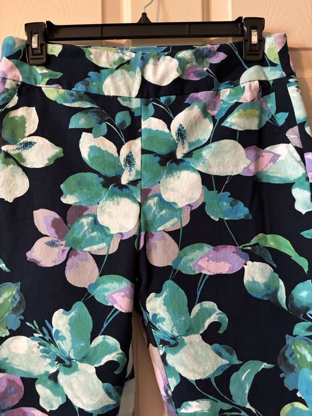 Soft Surroundings Navy Floral Capri Pants with Teal & Lavender Blooms - Picture 3 of 6